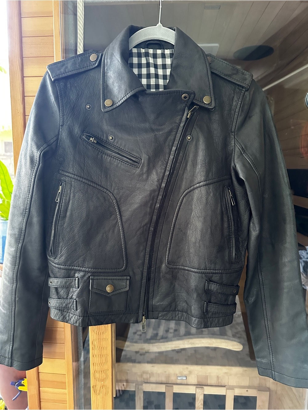Womens AG dark grey vintage Leather Biker Jacket - Classic Moto Style